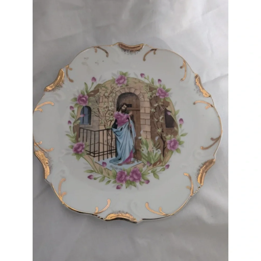 Vintage Jesus Knocking on Door Mid-State Products Plate 18 Karat Gold Trim
